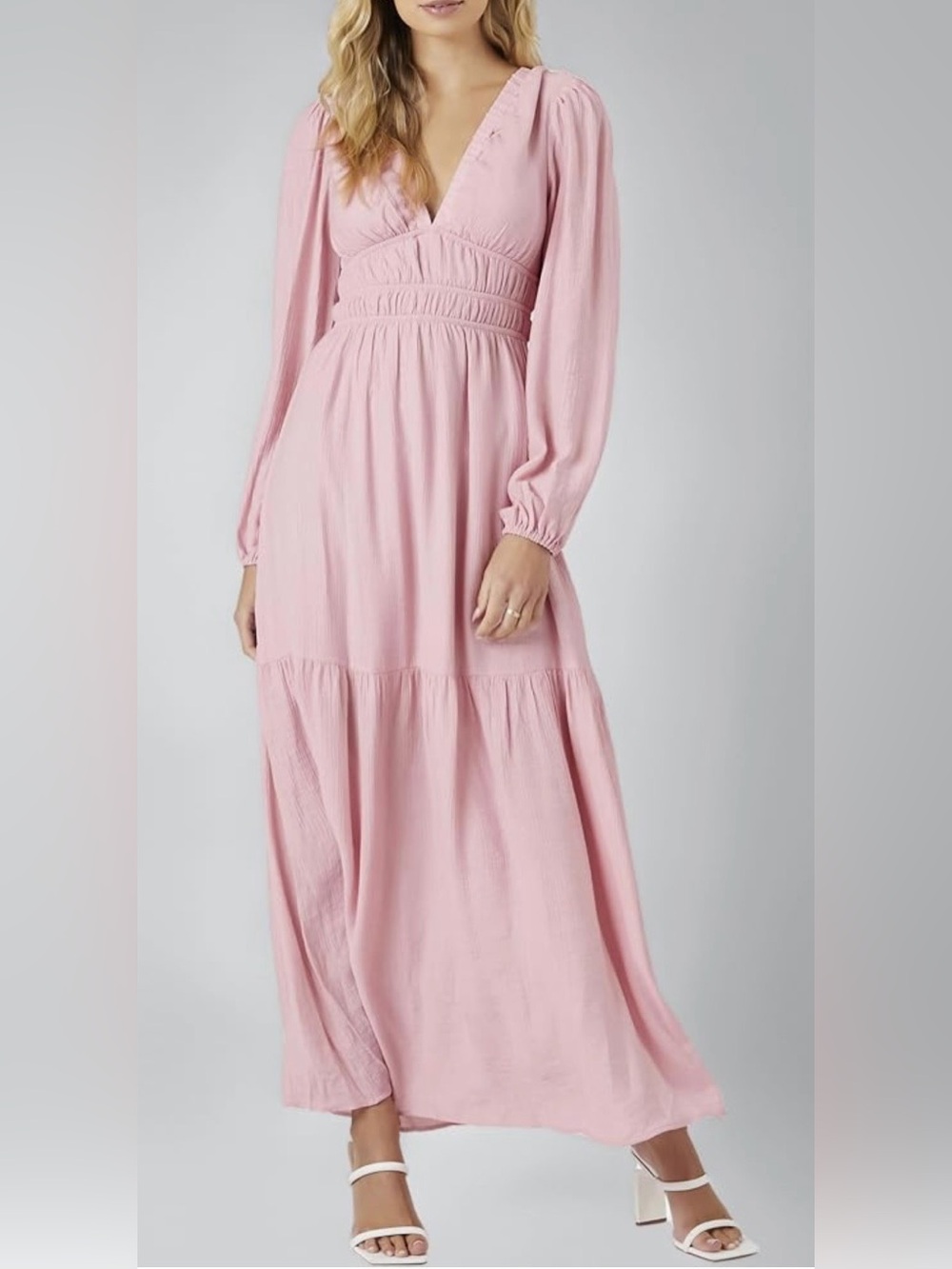 Forever 21 Open Back Crepe Maxi Peasant Dress Small Dusty Pink Boho Long Sleeve